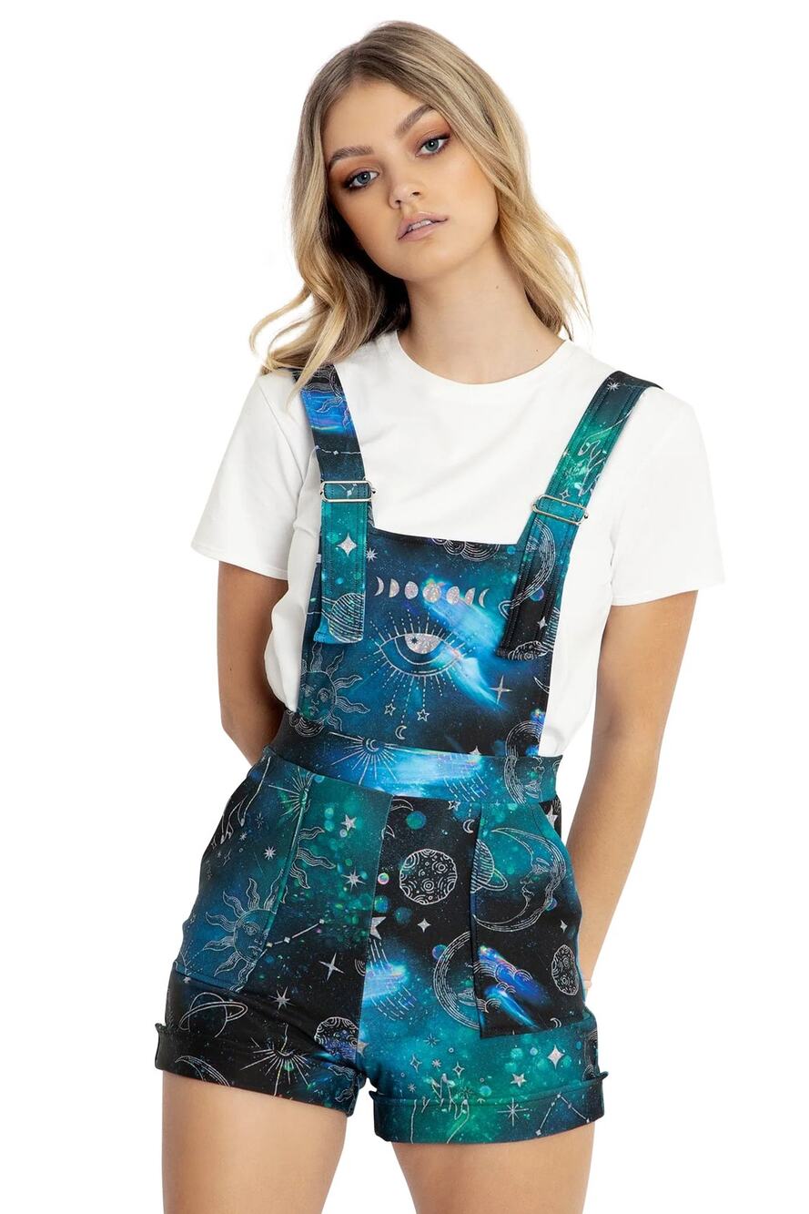 Blackmilk Moon Child Universe Print Sleeveless Short Overalls Blue Women's NWT